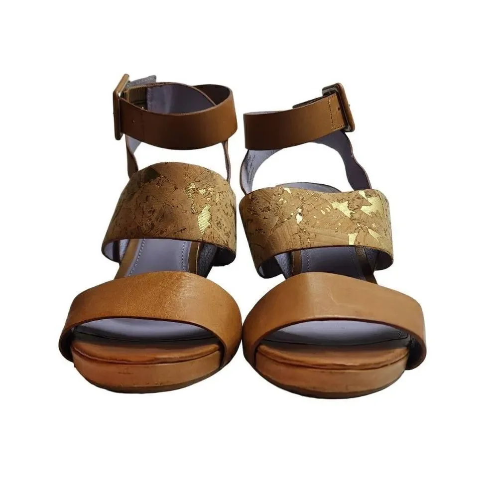 Tan Cork Wedge Sandals with Ankle Buckle